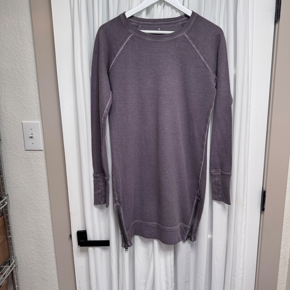 Athleta Womens XS Purple Slub Knit Tunic Sweatshirt Side Zip Thumbhole Raglan